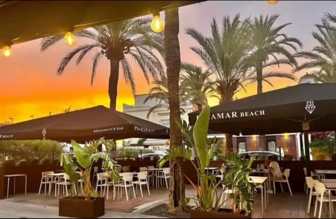 Terraza de Pinamar Beach al atardecer, entre palmeras